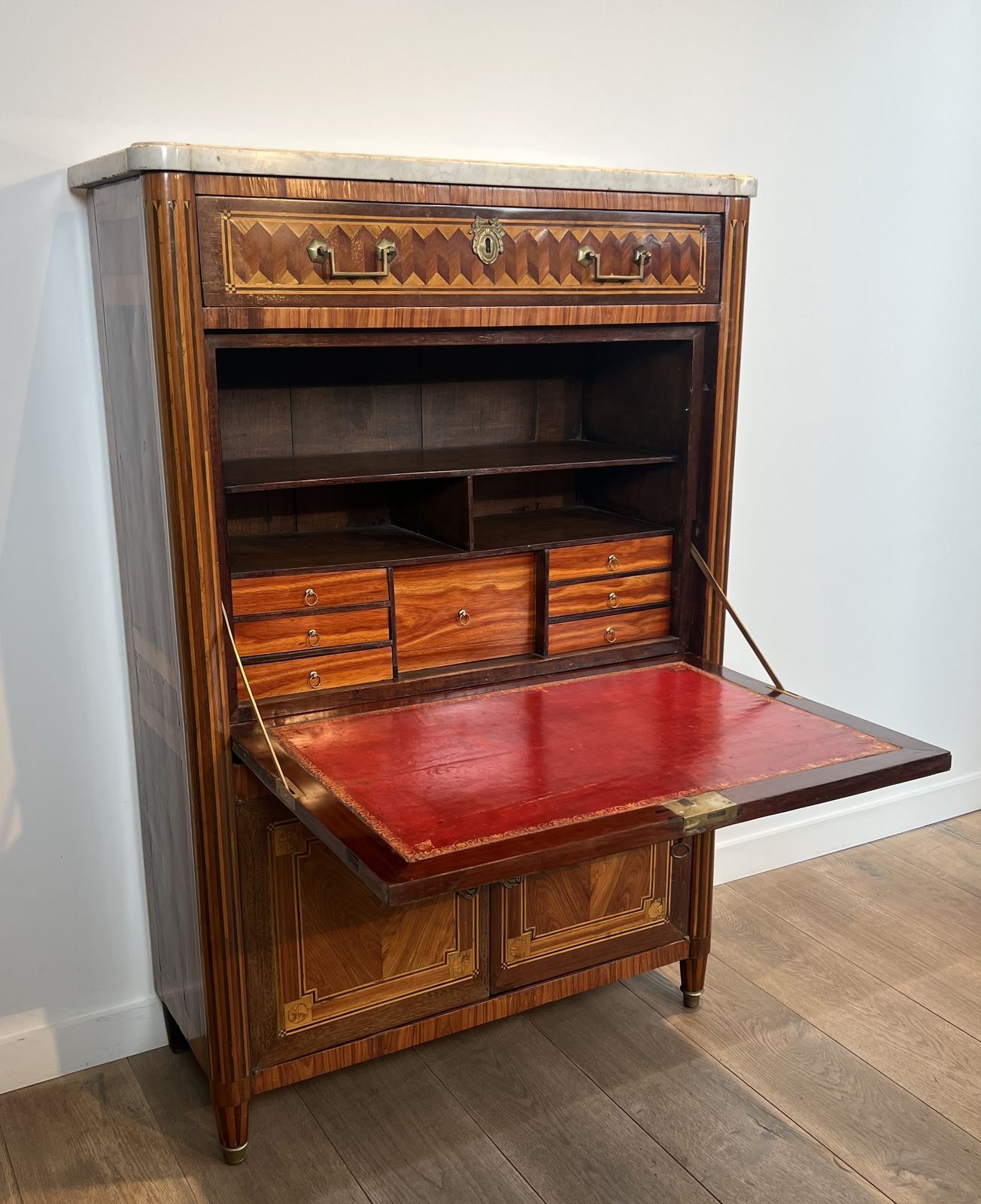 photo vinterior Louis XVI Style Drop Front Secretary Desk In Marquetry And Carrara Marble Top