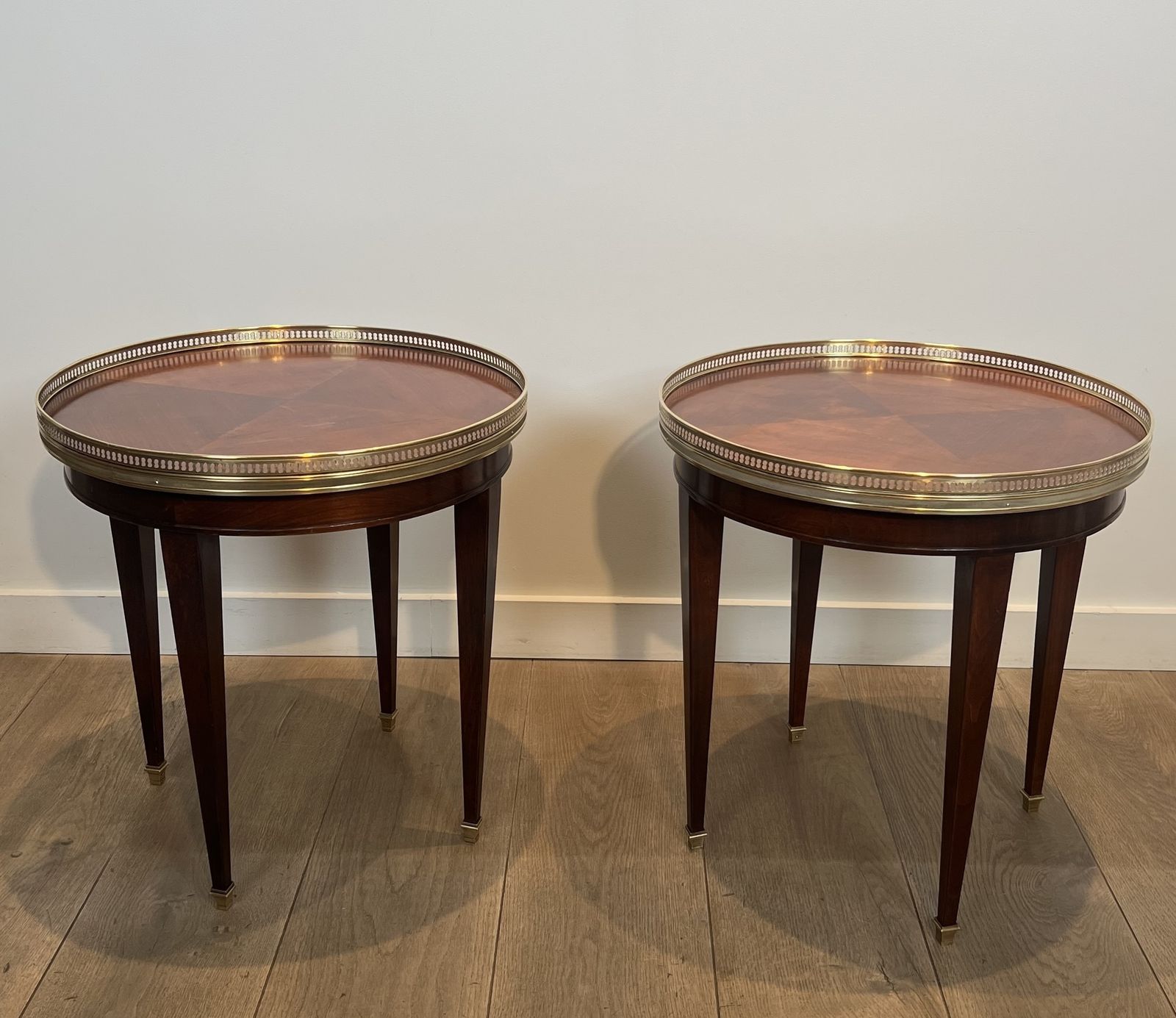 Pair Of Round Mahogany And Brass Side Tables, Also Known As Bouillotte Tables, End Tables, Or Pedestal Tables In Neoclassical Style photo furniture