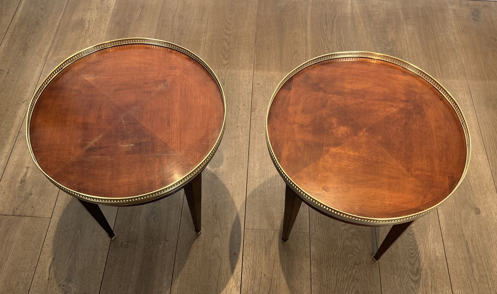 Pair Of Round Mahogany And Brass Side Tables, Also Known As Bouillotte Tables, End Tables, Or Pedestal Tables In Neoclassical Style photo Furniture