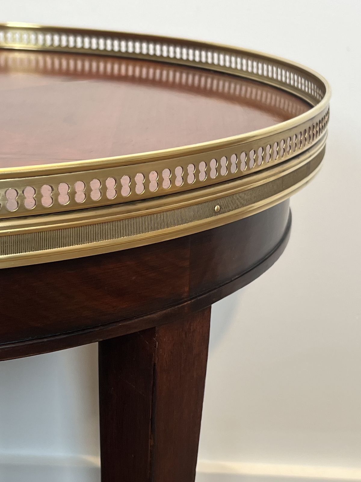 photo for sale Pair Of Round Mahogany And Brass Side Tables, Also Known As Bouillotte Tables, End Tables, Or Pedestal Tables In Neoclassical Style
