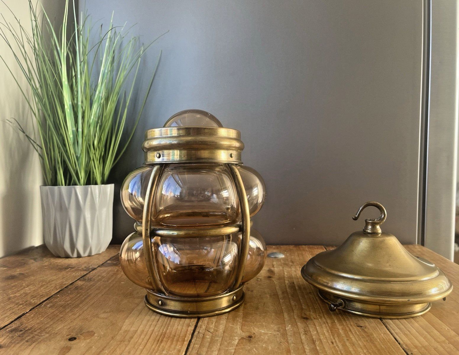 Mid Century Brass Cage Blown Porch Light Lantern Lamp Shade & Gallery Scandi 60s photo furniture