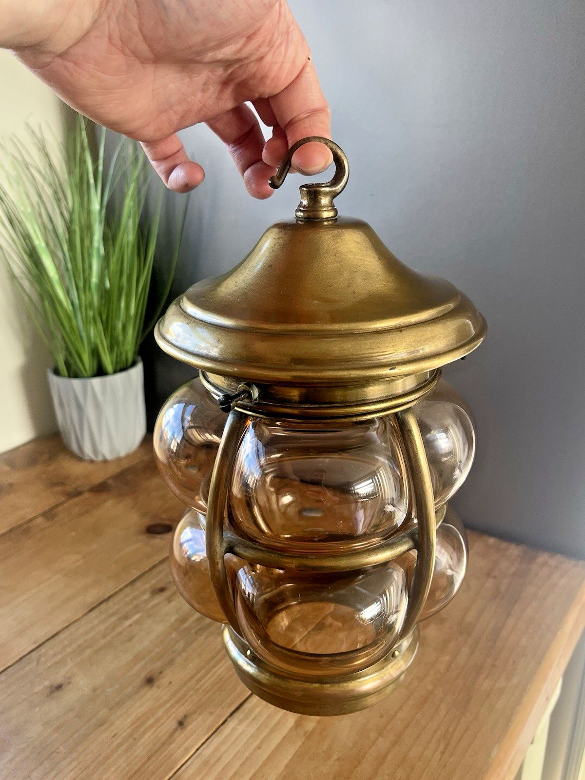 Mid Century Brass Cage Blown Porch Light Lantern Lamp Shade & Gallery Scandi 60s photo buy