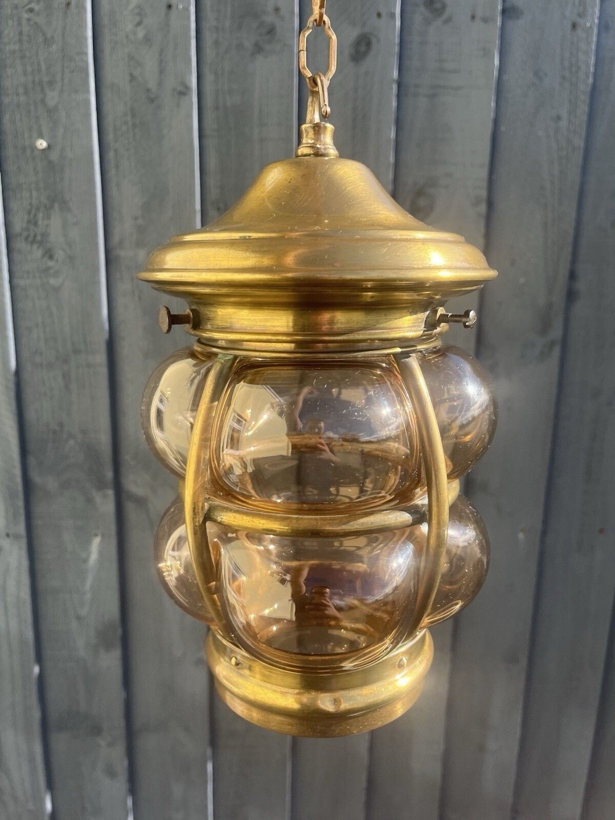 165.0 Mid Century Brass Cage Blown Porch Light Lantern Lamp Shade & Gallery Scandi 60s photo