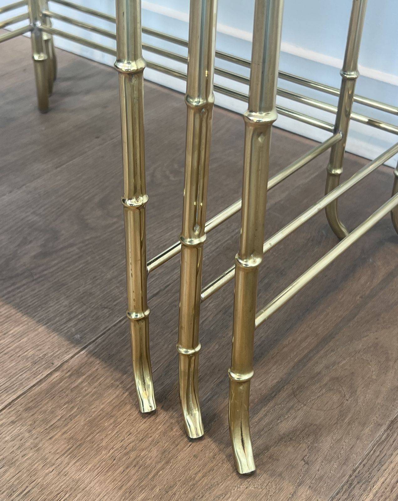 Furniture Set Of Nesting Tables In Faux Bamboo Style, Brass With Eglomisé Glass Top By Maison Baguès photo