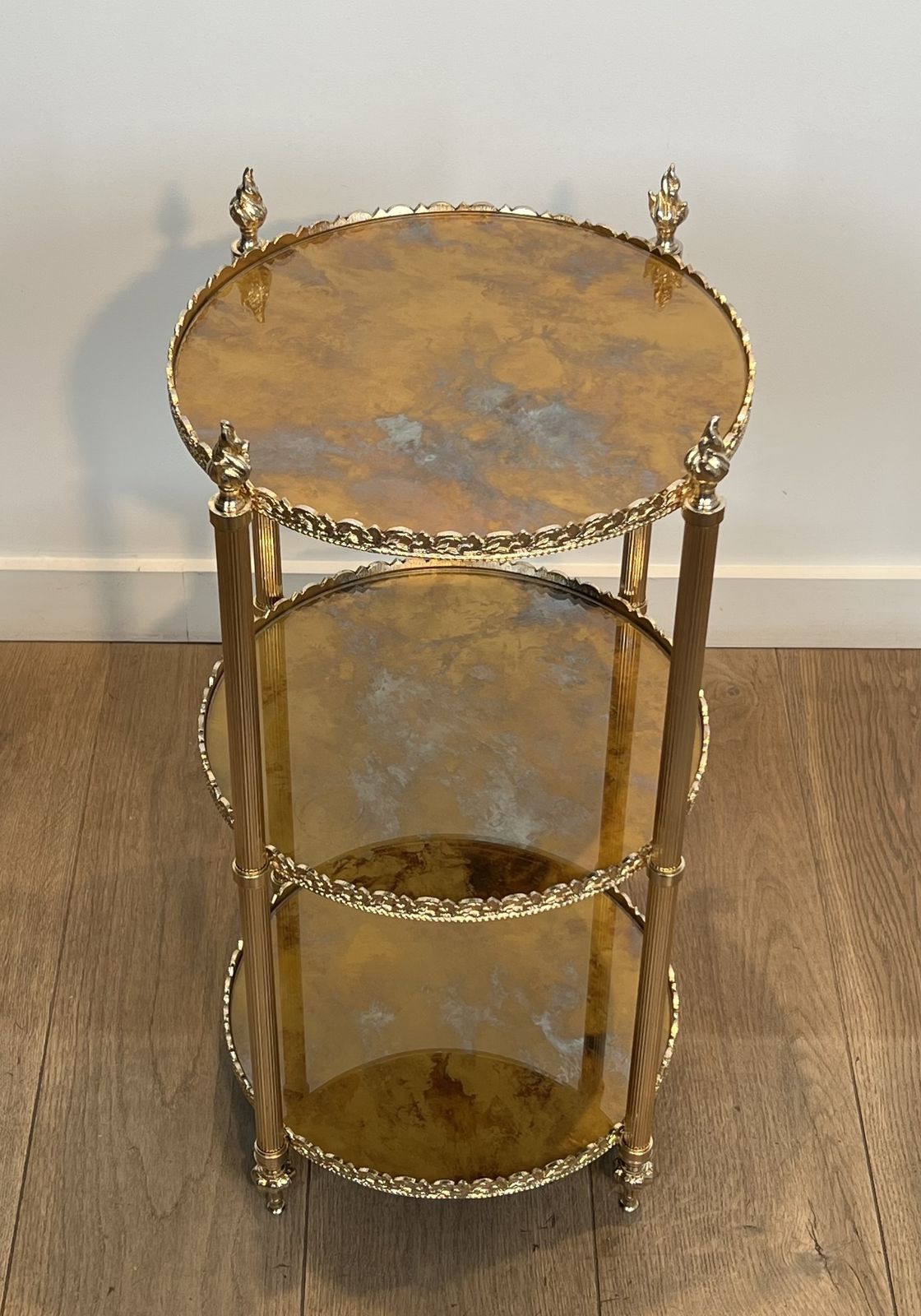 Round Silver Plated Brass Side Table With Triple Eglomisé Mirrored Shelves By Maison Jansen photo Furniture
