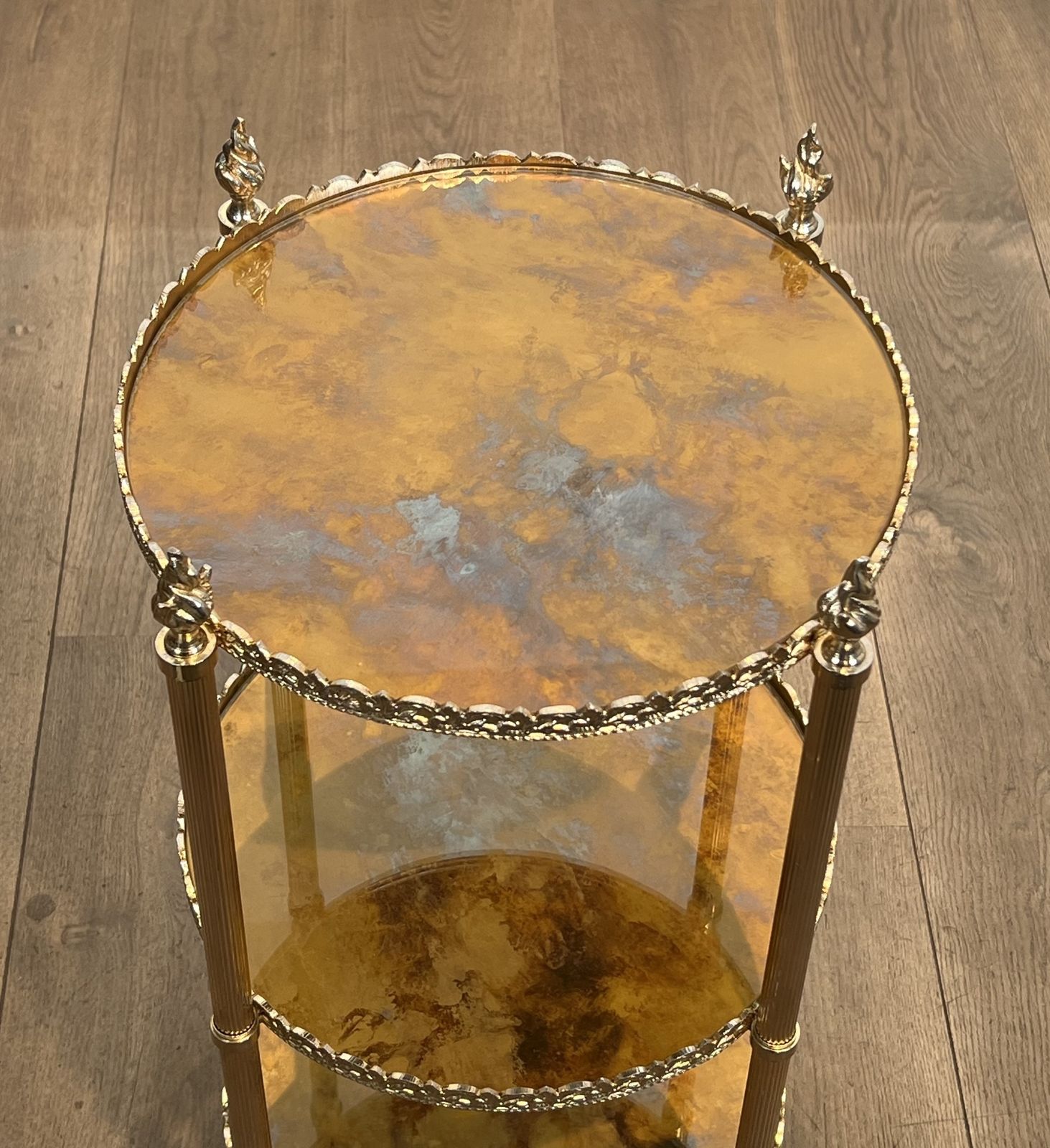 Round Silver Plated Brass Side Table With Triple Eglomisé Mirrored Shelves By Maison Jansen photo buy
