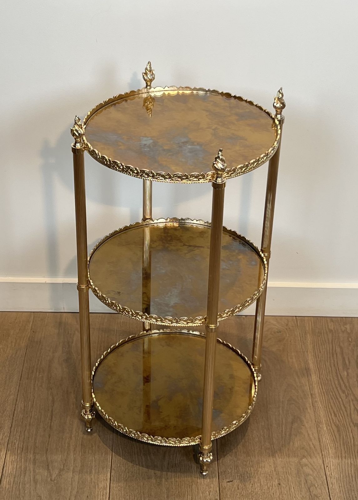 2950.0 Round Silver Plated Brass Side Table With Triple Eglomisé Mirrored Shelves By Maison Jansen photo