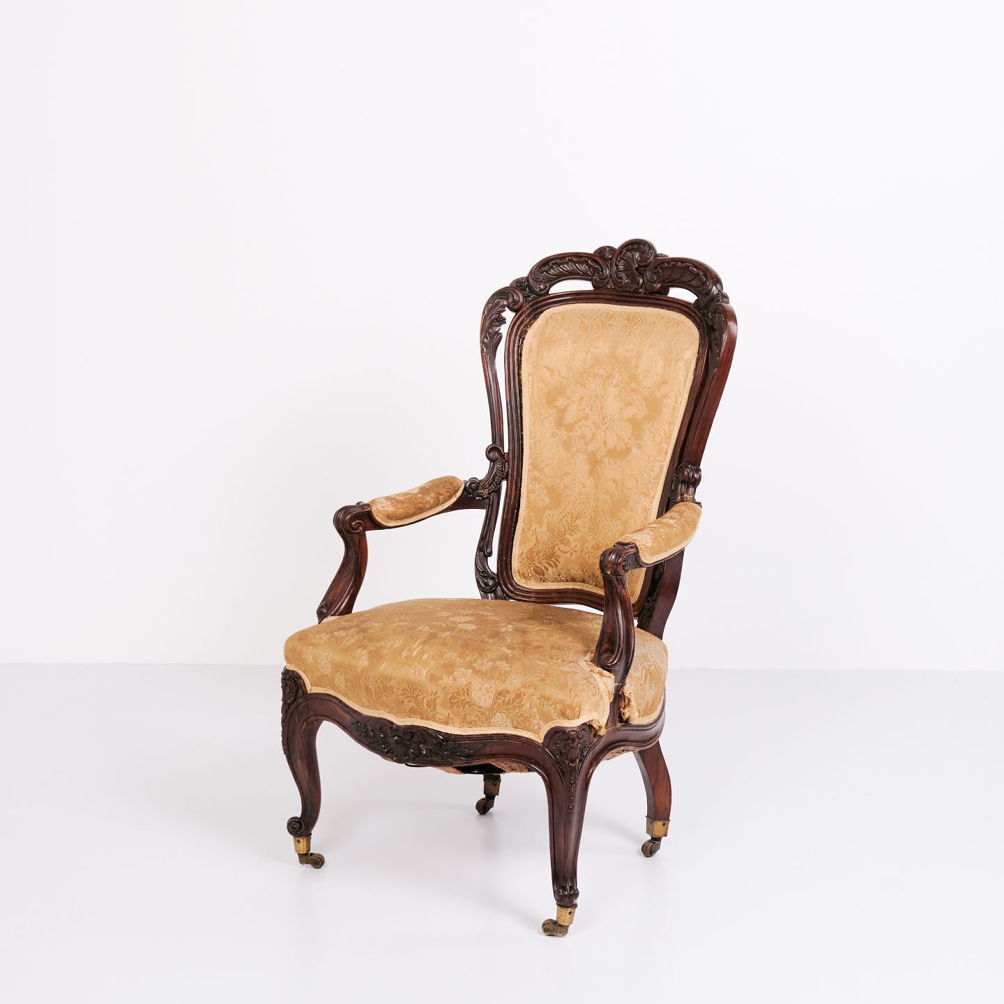 Antique Armchair   Rococo Style   Mahogany & Floral Upholstery   Year 1890s