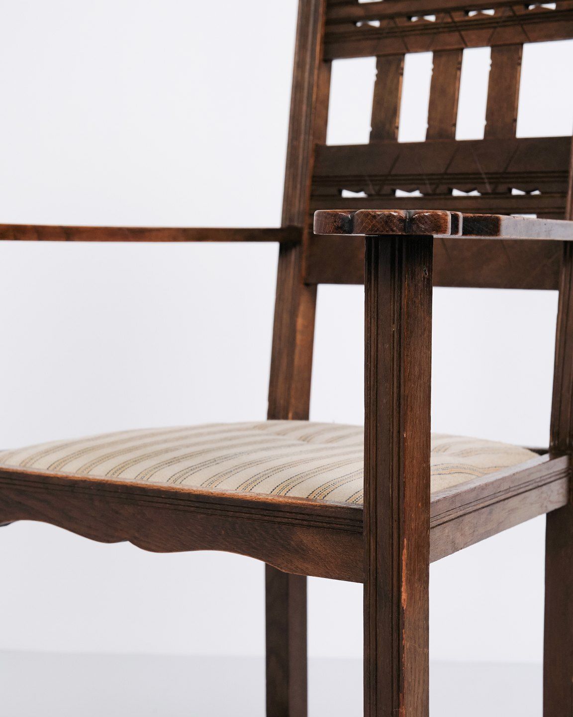 Antique Armchair   Oak   Striped Upholstery   1930s photo for sale