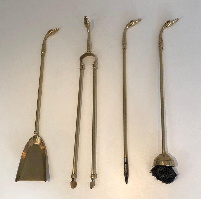 Brass Duck Head Fire Kit In The Style Of Maison Jansen photo vinterior
