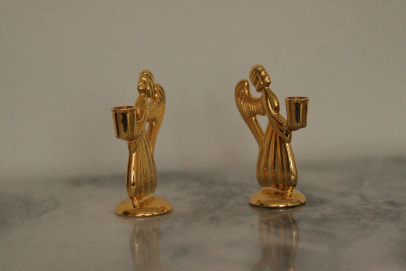 Pair Of Vintage Swedish Brass Angel Candleholders By Skultuna