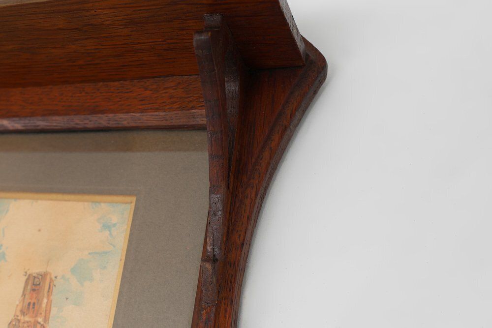 Art Nouveau Wall Mounted Coat Rack With Framed Watercolors From Cassier, Belgium, 1905 photo vinterior