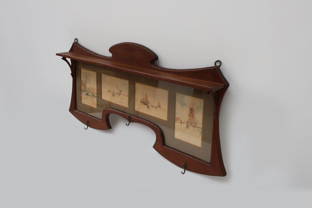 Art Nouveau Wall Mounted Coat Rack With Framed Watercolors From Cassier, Belgium, 1905 photo vintage