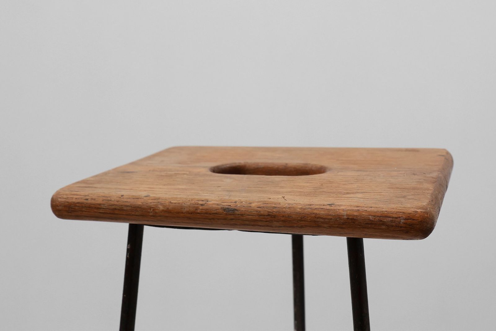 Modernist Industrial Iron And Oak Split Slats Stool, France, 1960s photo furniture