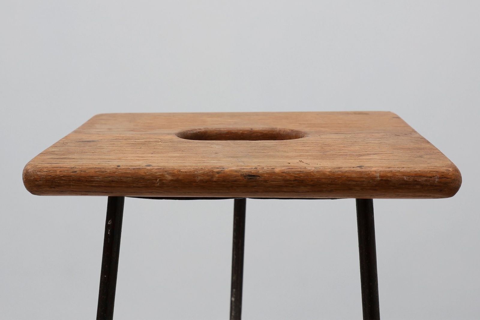 1323.0 Modernist Industrial Iron And Oak Split Slats Stool, France, 1960s photo