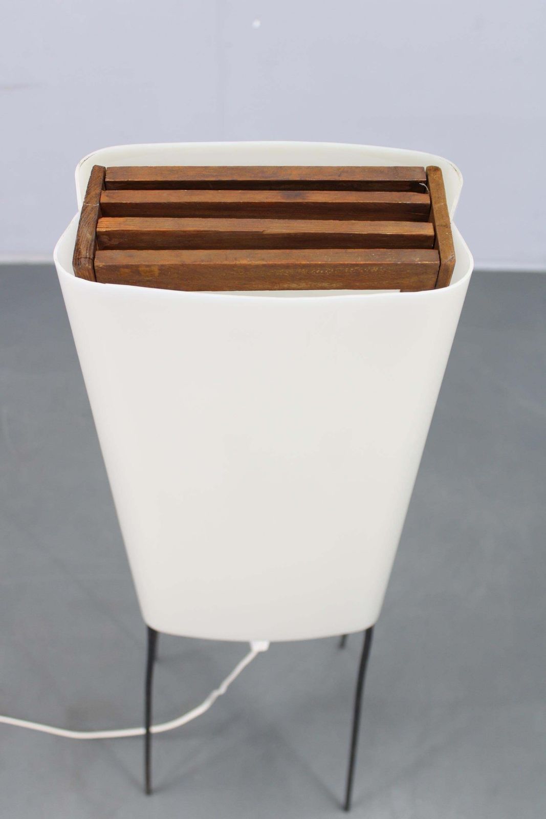 Mid Century Modern Floor Lamp On Iron Legs With Plastic Shade And Wood Accent photo for sale