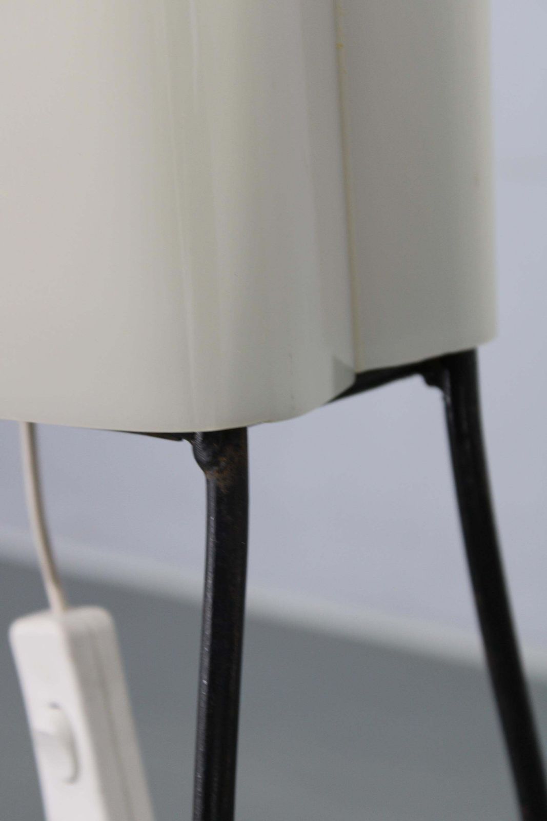 Mid Century Modern Floor Lamp On Iron Legs With Plastic Shade And Wood Accent photo vintage
