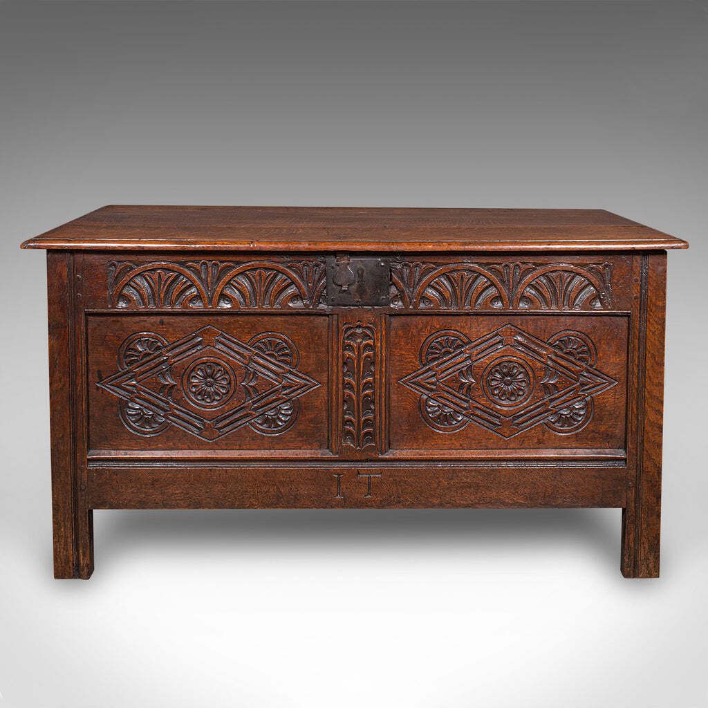 Large Antique Carved Coffer, English Oak, Blanket Chest, William III, Circa 1700 photo for sale