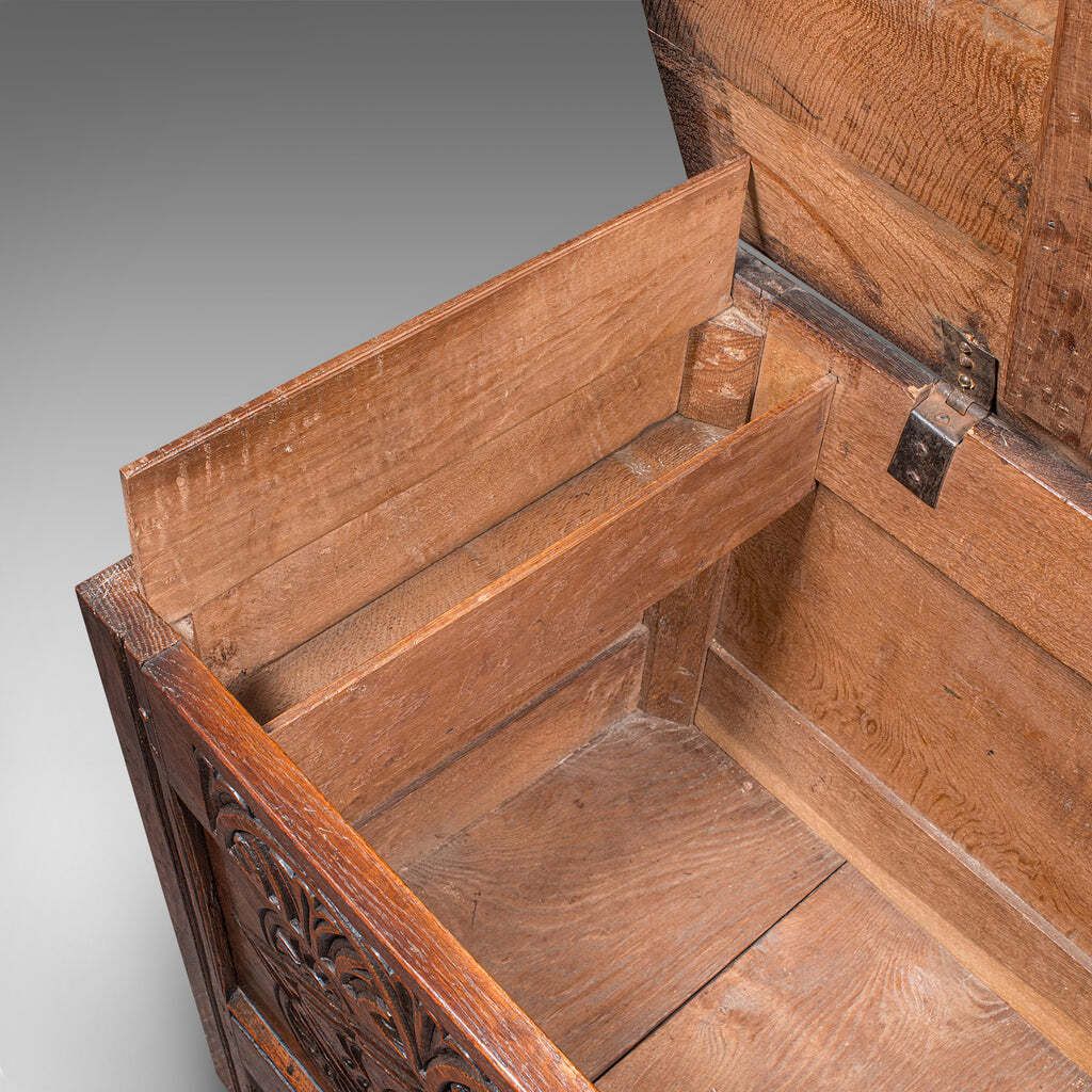 photo for sale Large Antique Carved Coffer, English Oak, Blanket Chest, William III, Circa 1700