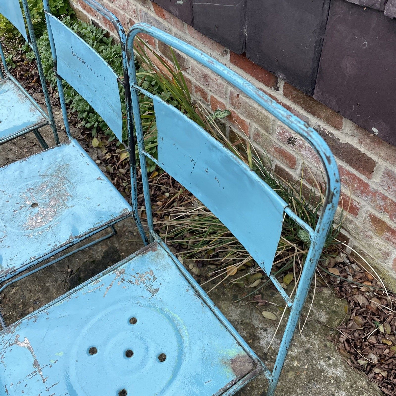 4 X Vintage Indonesian Blue Metal Industrial Stackable Chairs Unique Set Of 4 photo for sale