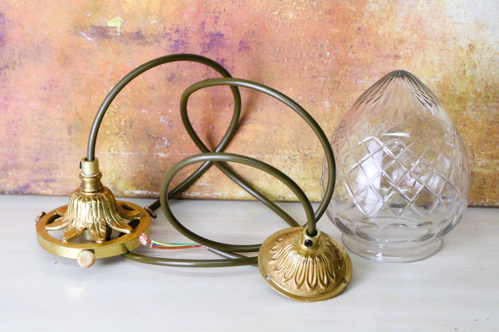 Ceiling Light Antique Cut Glass Pendant Shade Acorn Rewired Original Fittings photo vinterior