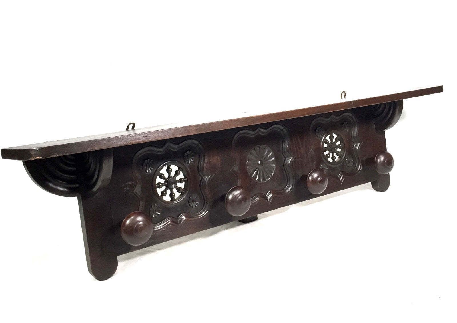 Antique Wooden Carved Entrance Hall Wall Hanging Coat Rack & Shelf Scarfs & Hat