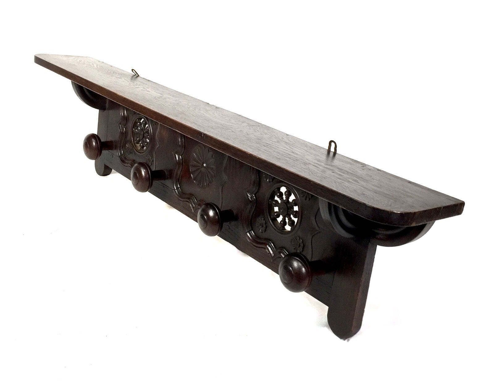 Antique Wooden Carved Entrance Hall Wall Hanging Coat Rack & Shelf Scarfs & Hat photo 199.0