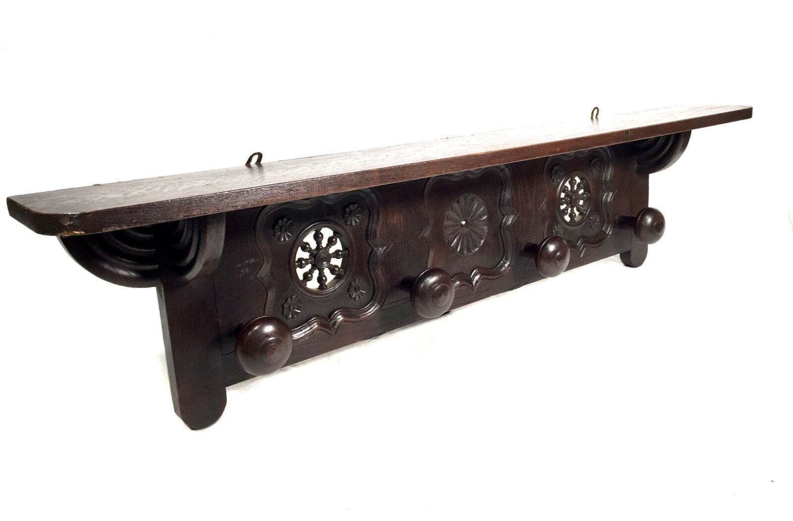 Antique Wooden Carved Entrance Hall Wall Hanging Coat Rack & Shelf Scarfs & Hat photo vintage