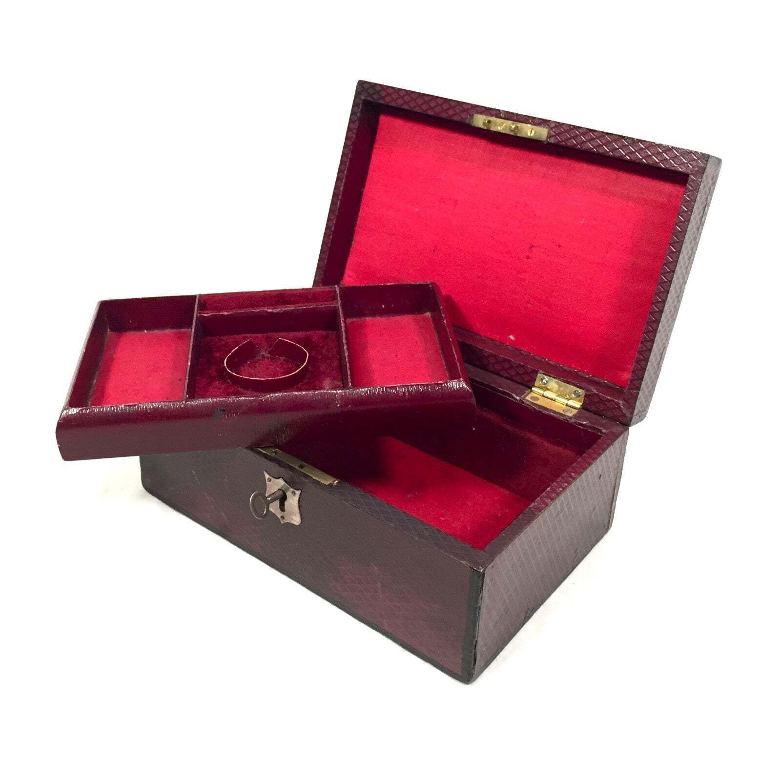 Antique Edwardian Leather Jewellery / Trinket Box With Key & Working Lock C.1910 photo buy