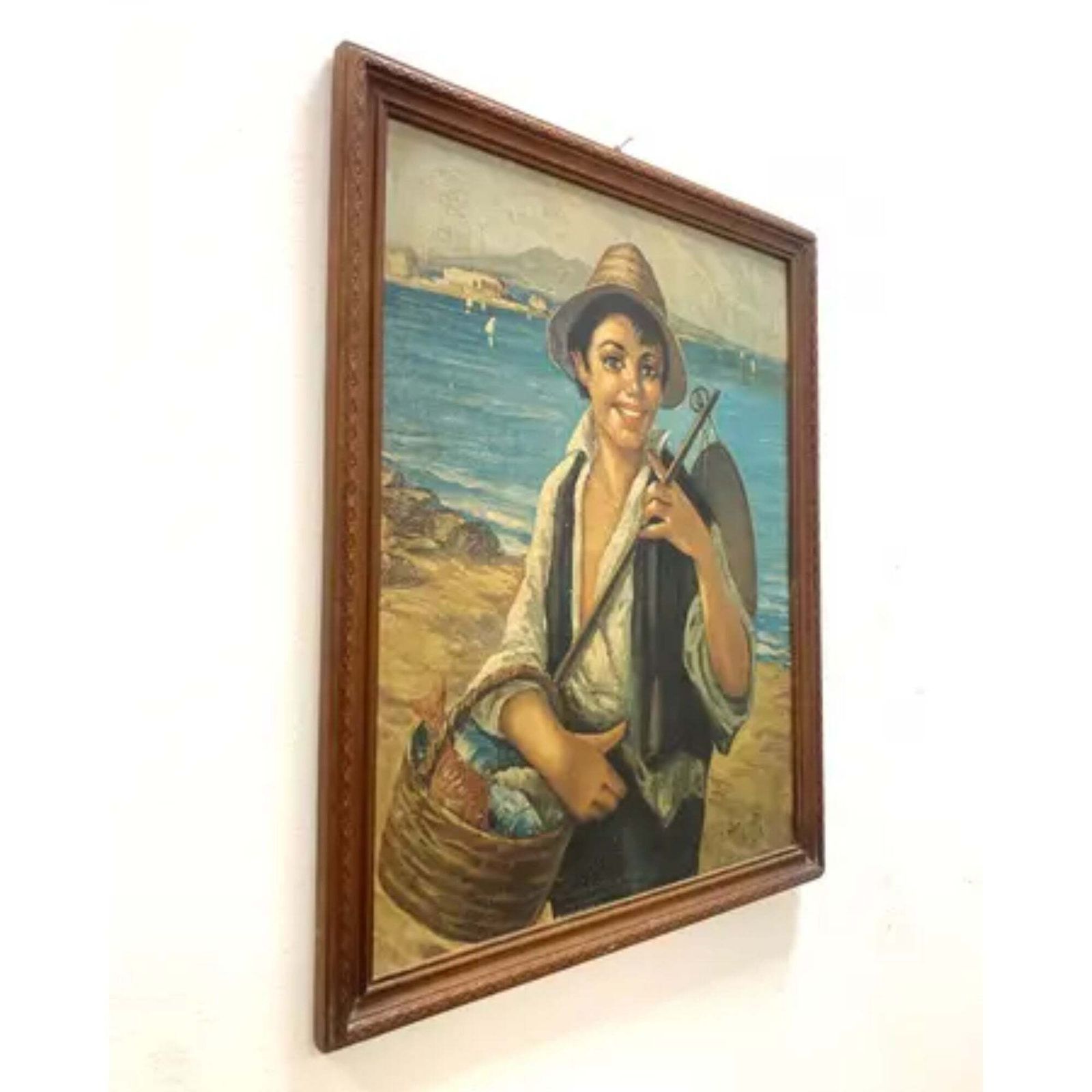 Oil Painting, G. De Curtis, Signed Canvas, Young Italian Fisherman, Late 20th Century photo 365.0
