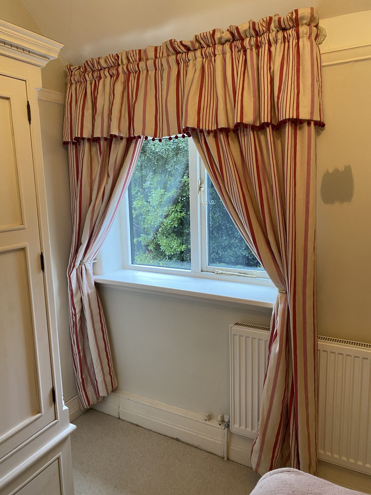 Kate Forman Red Ticking Pocket Rod Curtains And D Shaped  Cream Metal Pole photo furniture