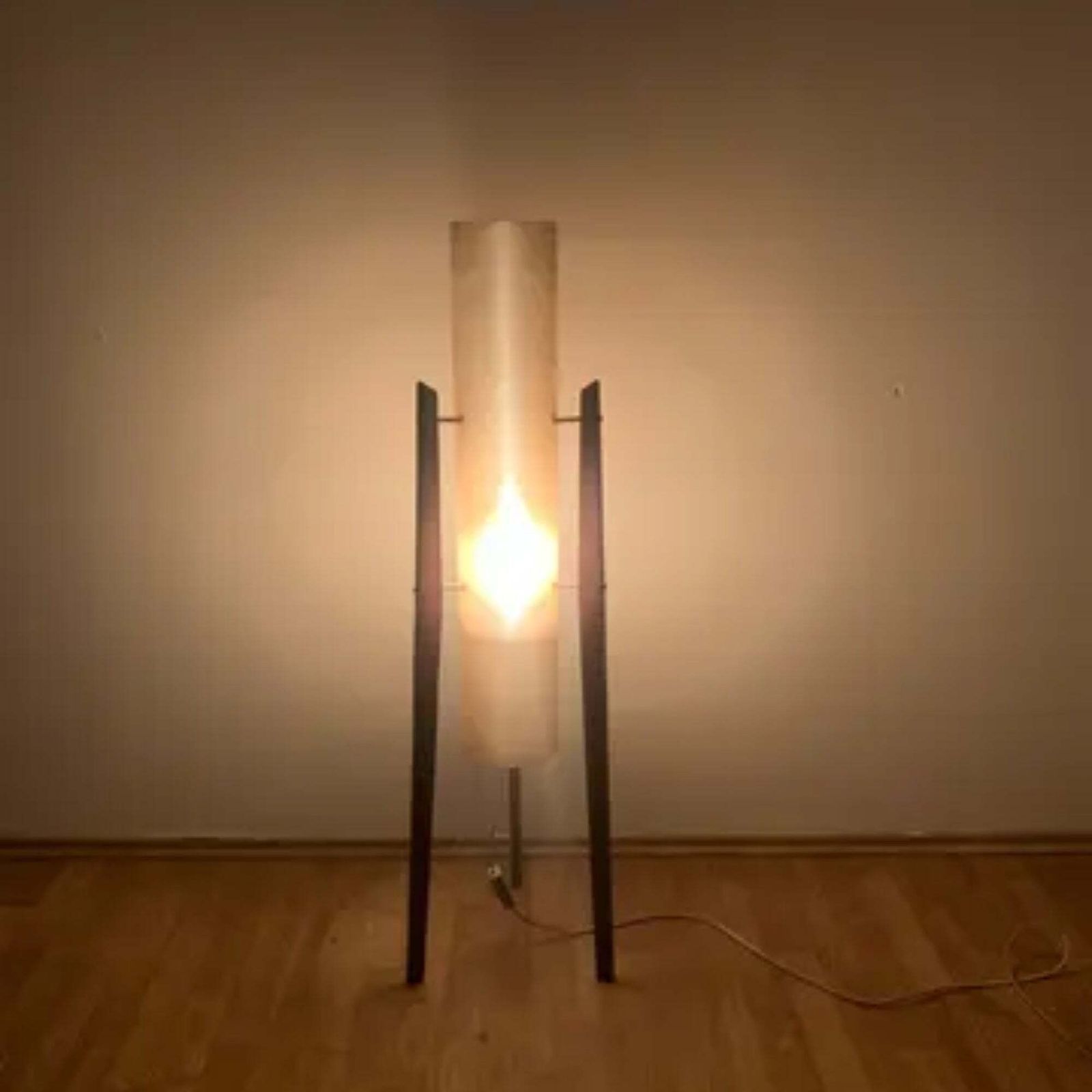 Retro Rocket Floor Lamp, Fibreglass Shade & Wooden Legs, 1960s photo Lighting