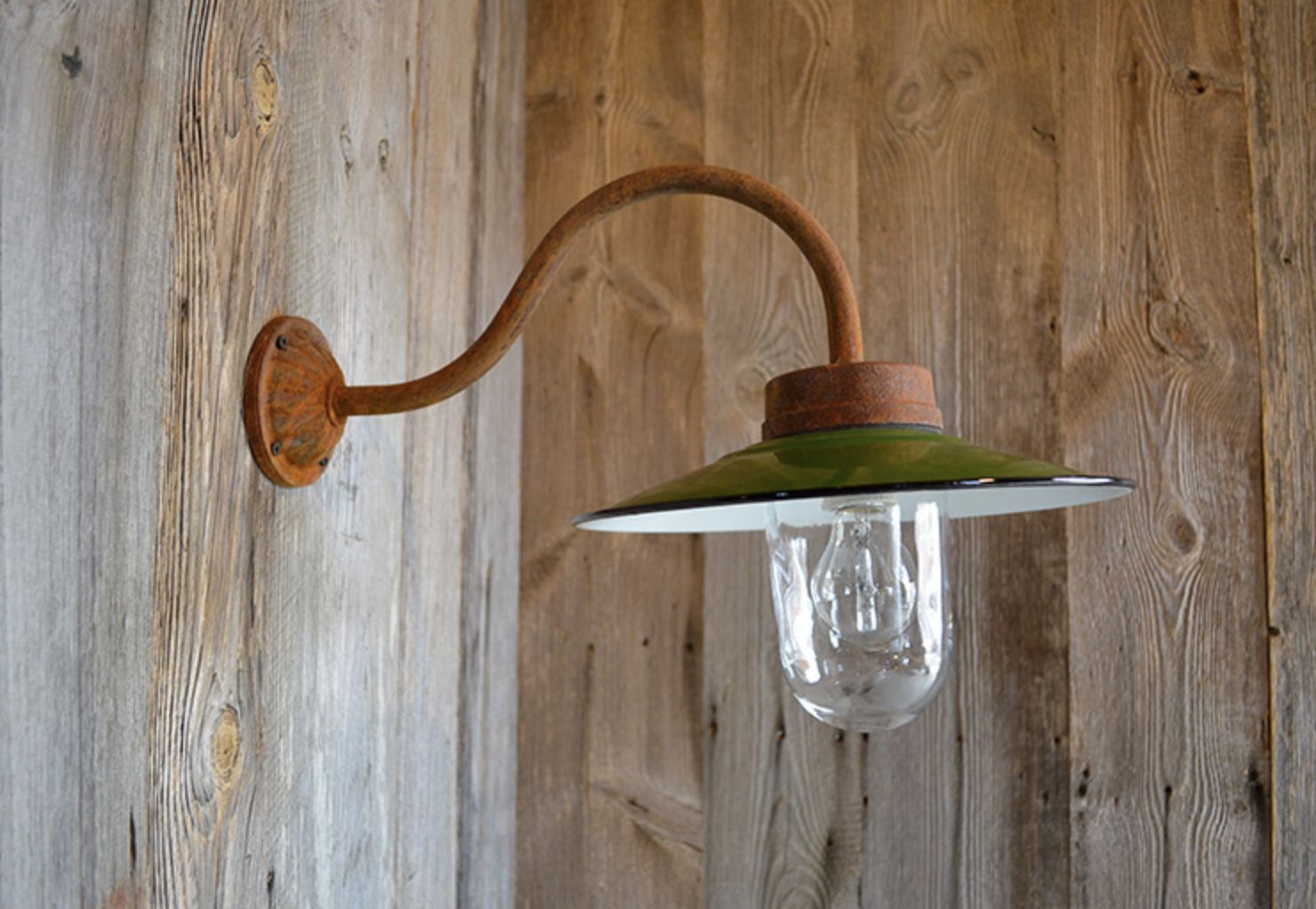 Beautiful Handmade "Simply Enamel" Belgian Verdigris Swan Neck Lamps. Aged Copper & Enamel Porch Lights, Different Sizes And Glass Domes
