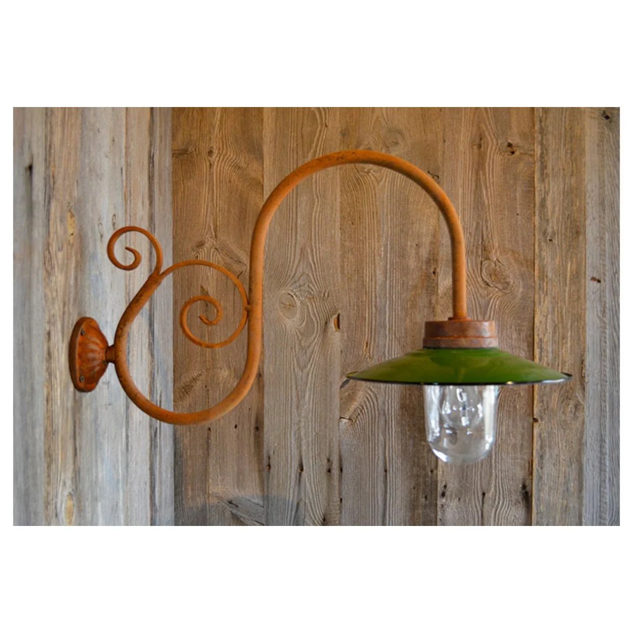 Beautiful Handmade "Princesse Enamel" Belgian Verdigris Swan Neck Lamp. Aged Copper & Enamel Porch Lights, Different Sizes And Glass Domes