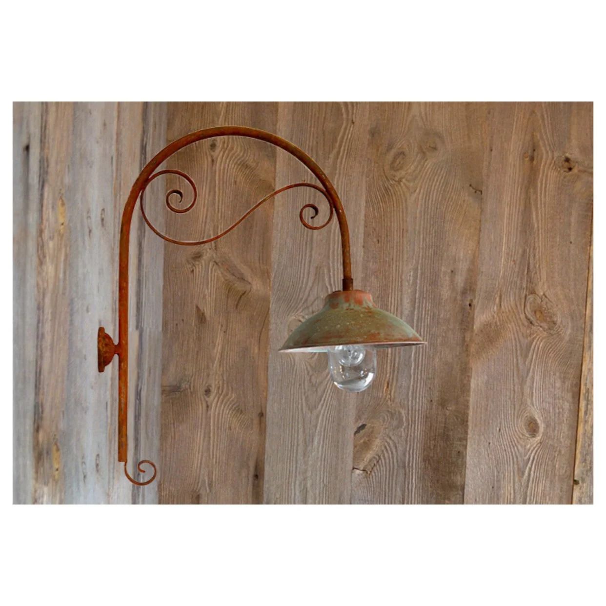 Beautiful Handmade "Marie Copper" Belgian Verdigris Swan Neck Lamp. Aged Copper & Enamel Porch Lights, Different Sizes And Glass Domes