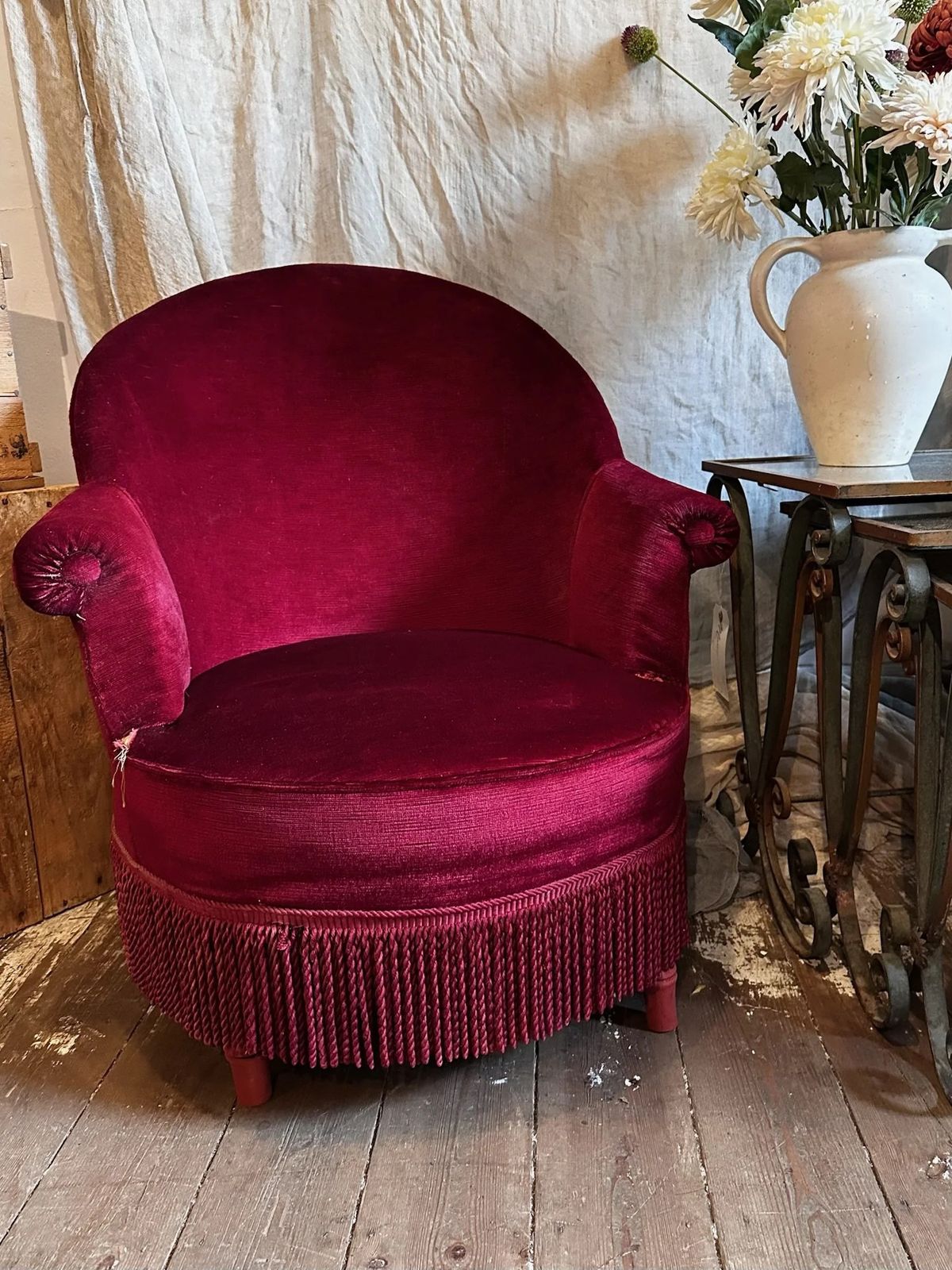 French Velvet Red Tub Chair W/ Tassels, C1920