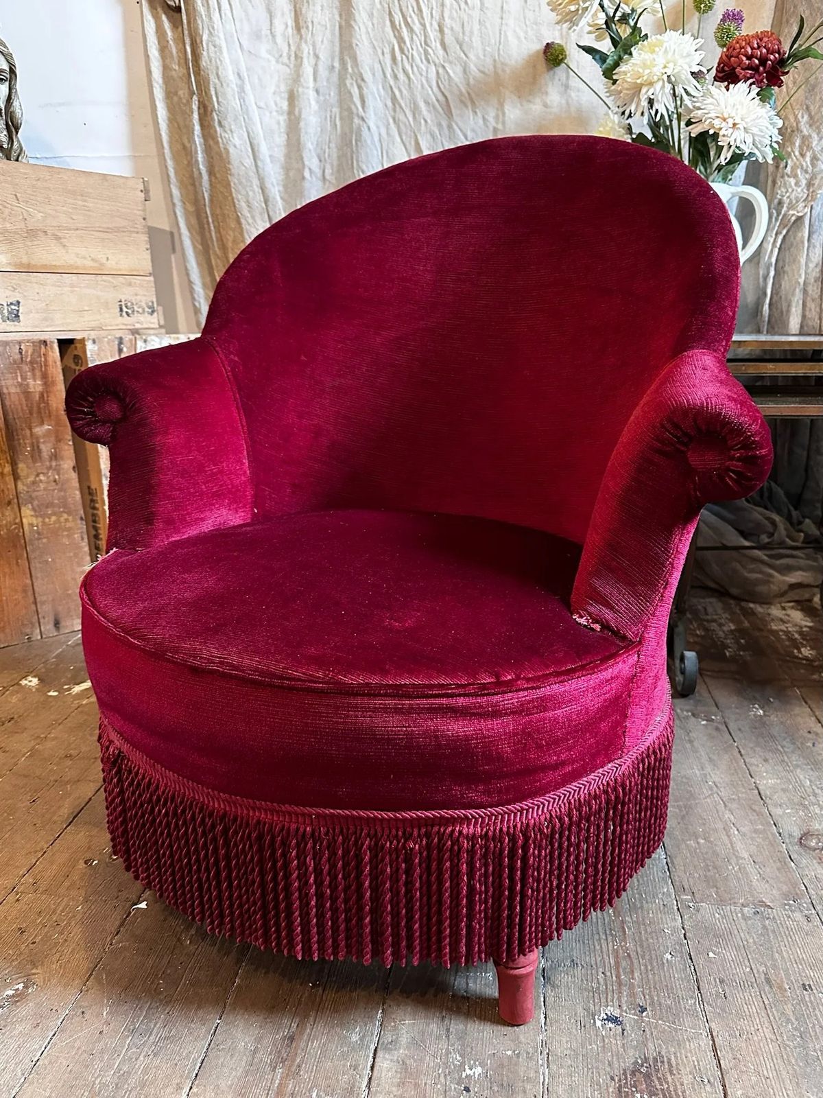 French Velvet Red Tub Chair W/ Tassels, C1920 photo furniture
