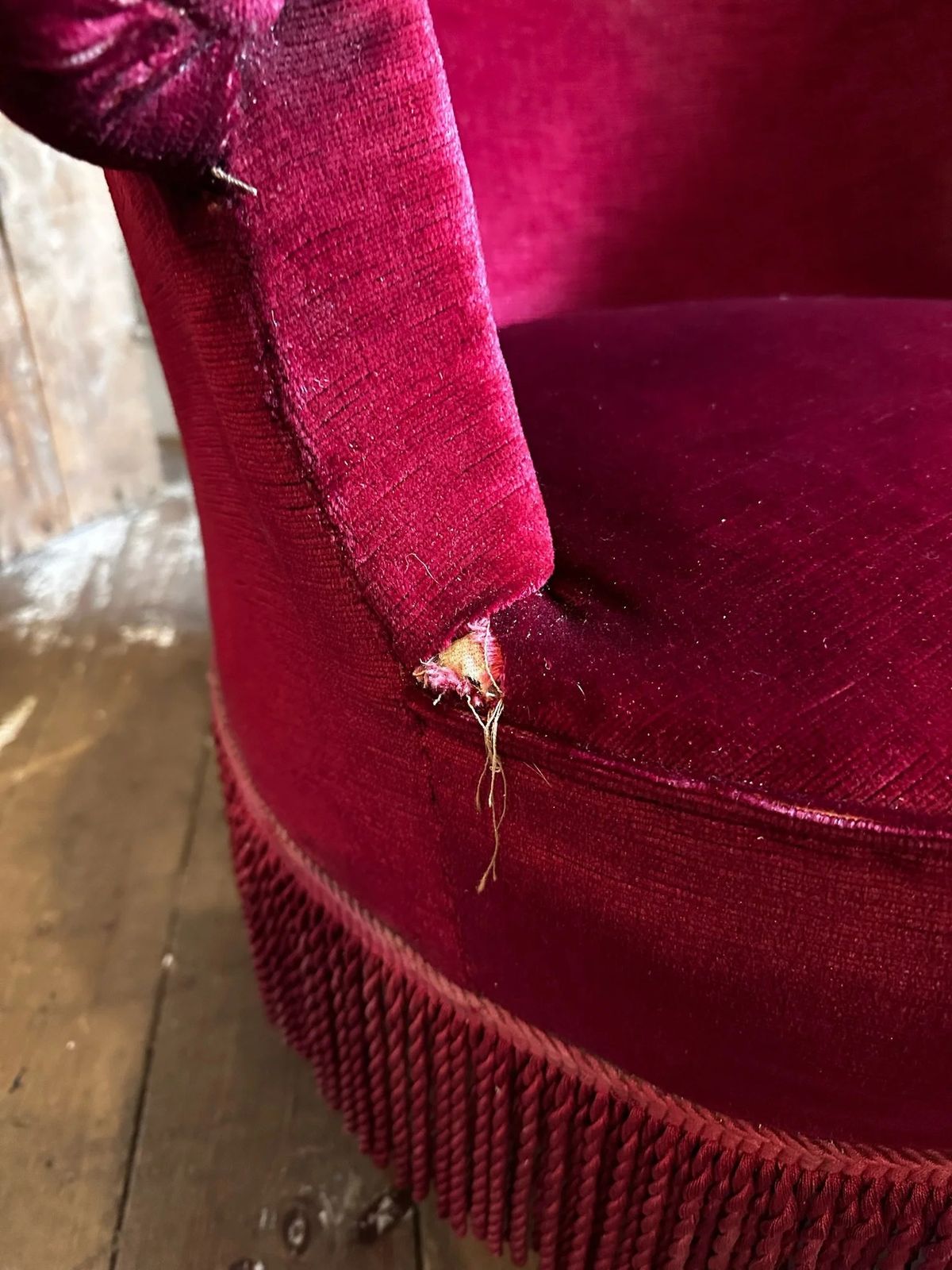 photo furniture French Velvet Red Tub Chair W/ Tassels, C1920
