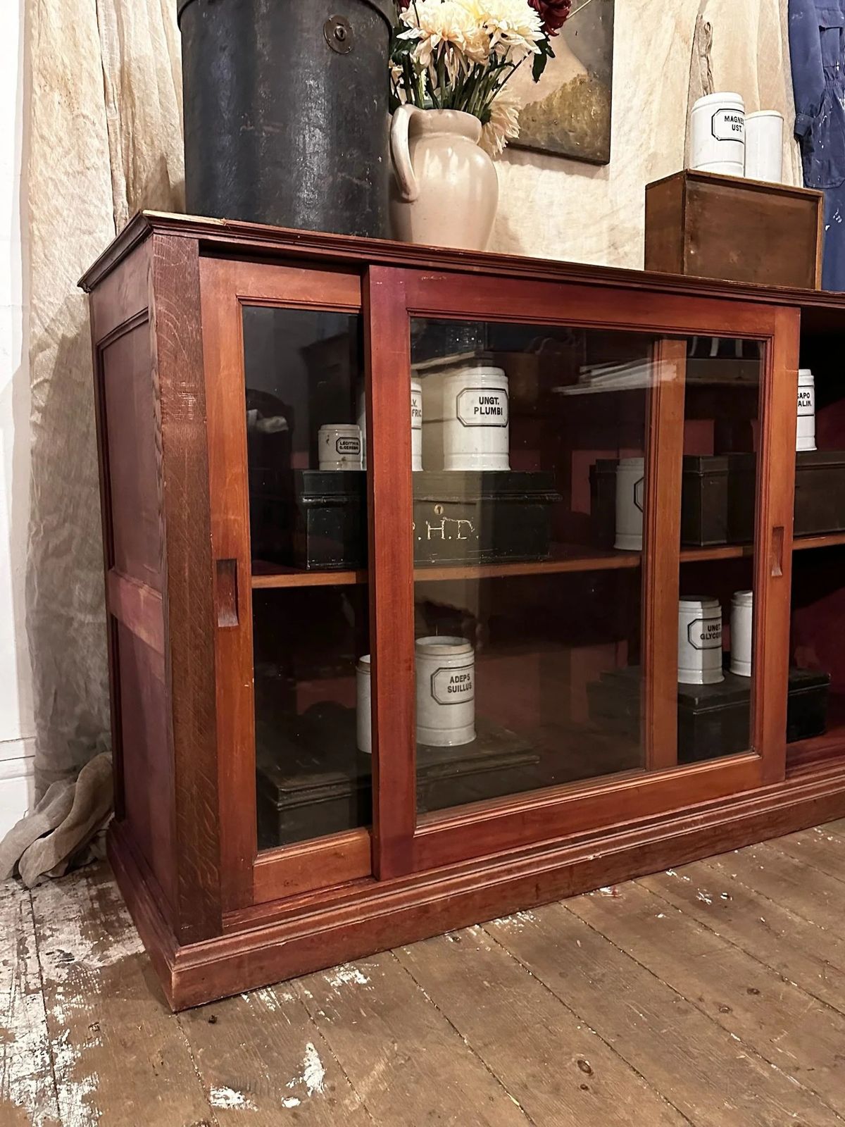 Furniture English Glazed Mahogany Sliding Door Library Cabinet C1910 photo