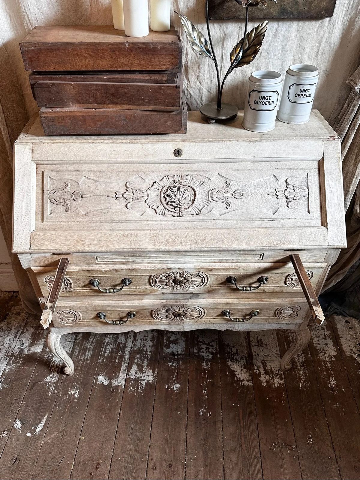 French Bleached Oak Louis XV Secretaire, C1950 photo vintage