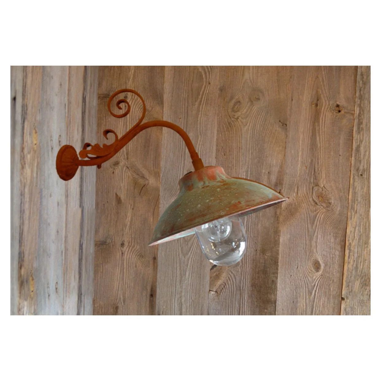 Beautiful Handmade "Wilma" Belgian Verdigris Swan Neck Lamps. Aged Copper & Enamel Porch Lights, Different Sizes And Glass Domes
