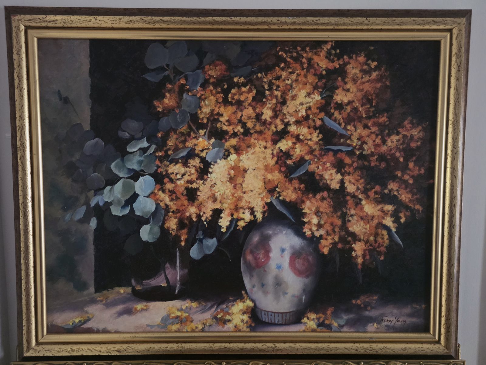 Magnificient Large Oil Painting Of Still Life Flowers And Foliage By Artist Tracey Young photo furniture
