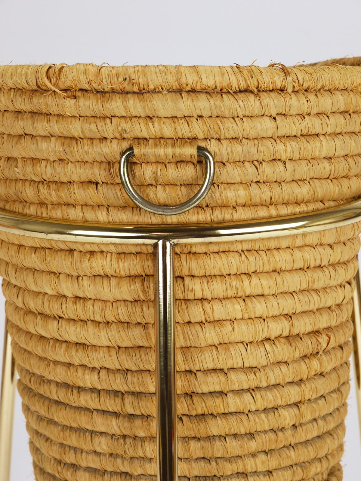 1452.0 Carl Auböck II Raffia Brass Wastepaper Basket, Paper Bin, Umbrella Stand, 1950s photo