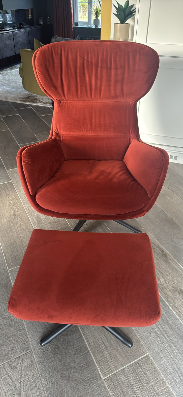 Boconcept Reno Armchair With Swivel Function And Matching Footstool In Burnt Orange / Terracotta