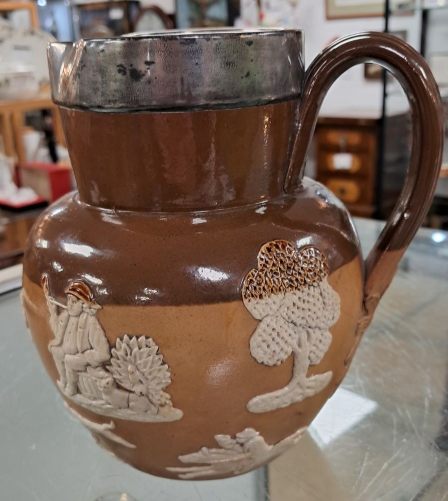 Antique Doulton Lambeth Stoneware Hunting Jug With Silver Collar Hallmarked 1908