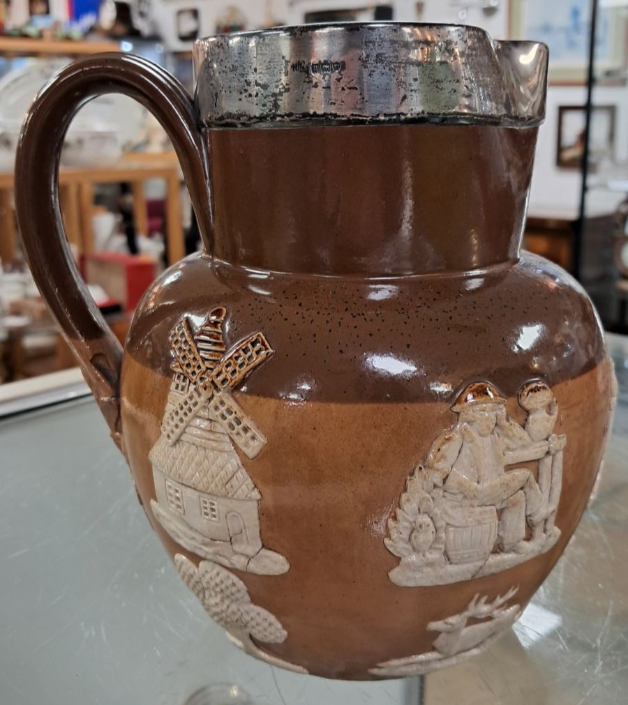 Antique Doulton Lambeth Stoneware Hunting Jug With Silver Collar Hallmarked 1908 photo for sale