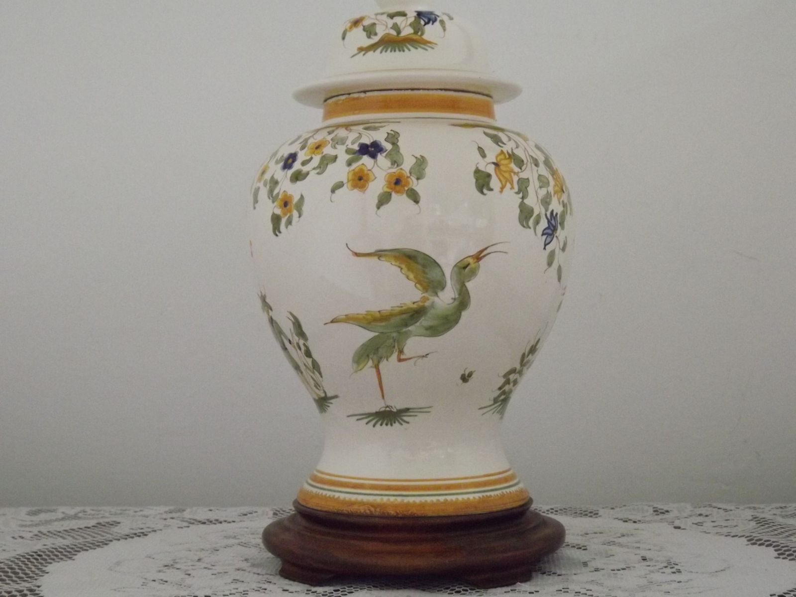 photo for sale Louis Drimmer Faience Style Table Lamp With Wooden Plinth & Fringed Lined Shade
