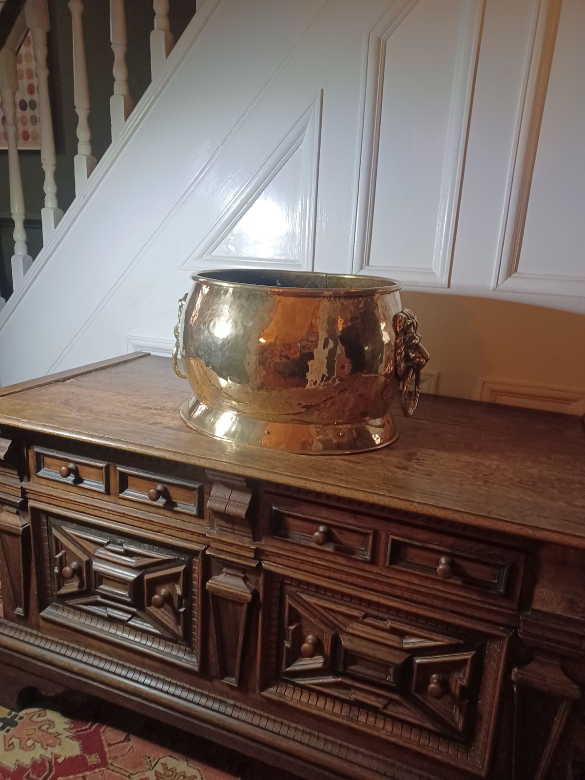 Antique Period Brass & Copper Riveted Wine Cooler / Bucket. Lion Handles photo 350.0