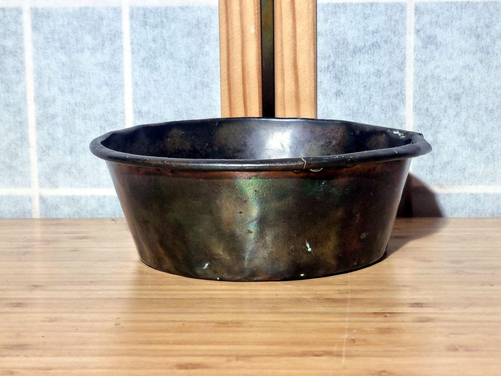 Antique Copper Kitchen Bowl, Patina Small Metal Dish, Primitive Farmhouse Decor photo furniture