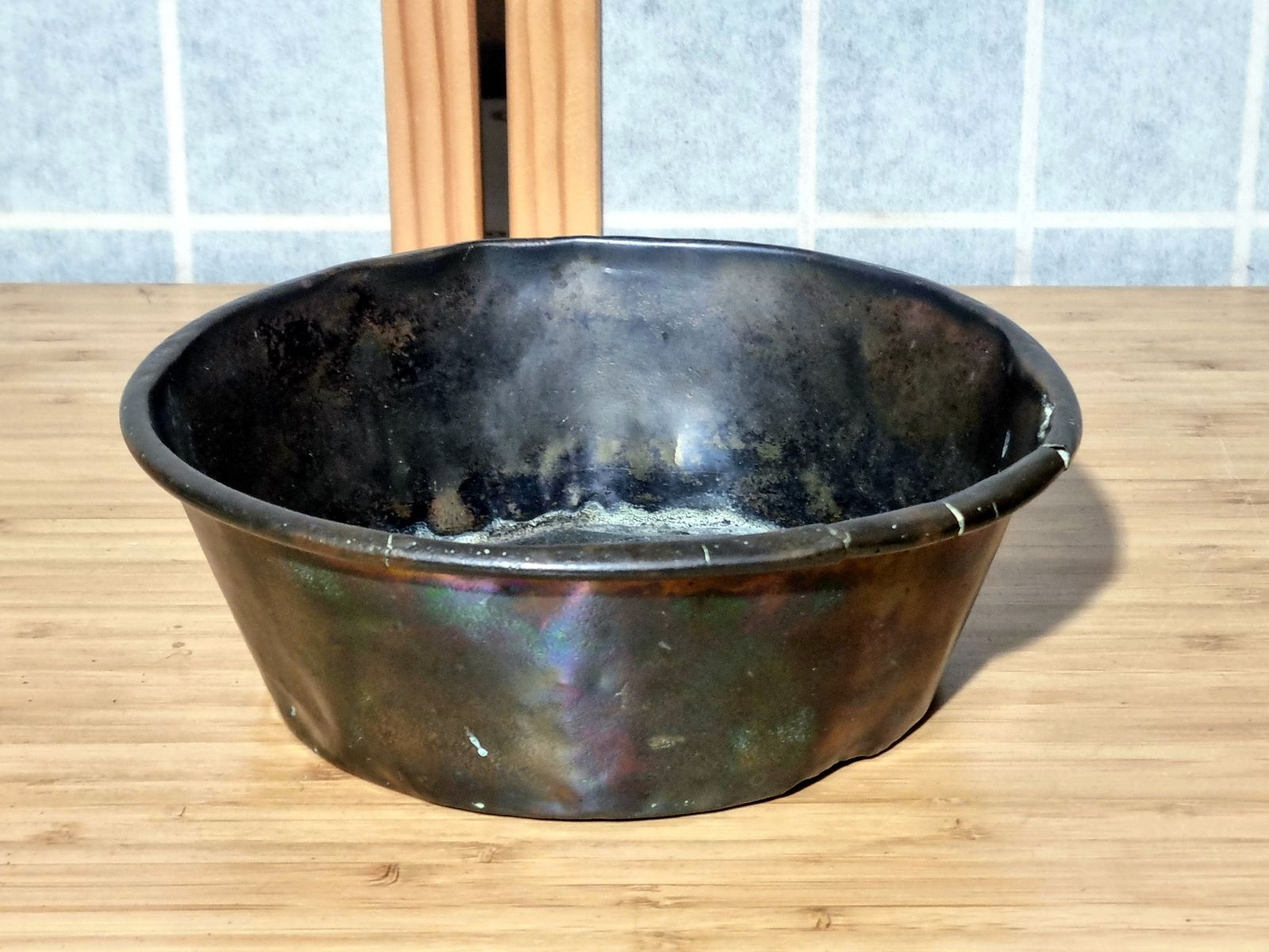 Antique Copper Kitchen Bowl, Patina Small Metal Dish, Primitive Farmhouse Decor photo for sale